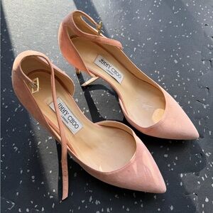 Jimmy Choo D’Orsay Pumps - Soft Pink Suede Pointed Ankle-Strap Pumps